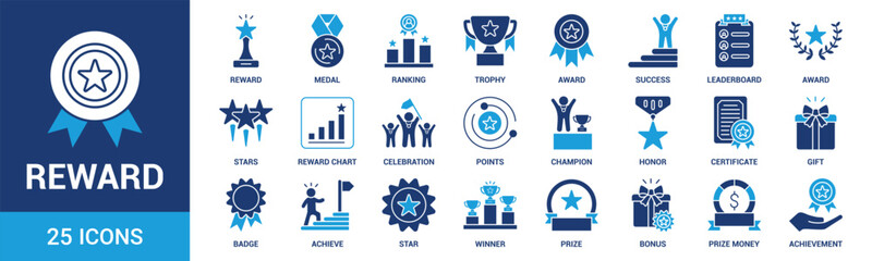 Reward icon set. Containing reward, medal, ranking, trophy, award, success and more. Solid vector icons collection.