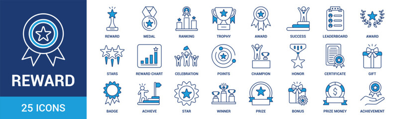 Reward icon set. Containing reward, medal, ranking, trophy, award, success and more. Blue vector icons collection.