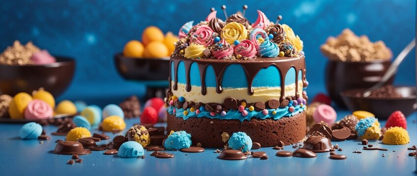 colourful cake decorated with sweets on a blue background poured with chocolate. Place for your text Concept