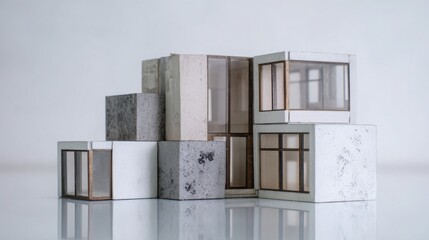 miniature architectural construction set forming a modern house model, concrete texture blocks, glass like panels, neutral background, contemporary