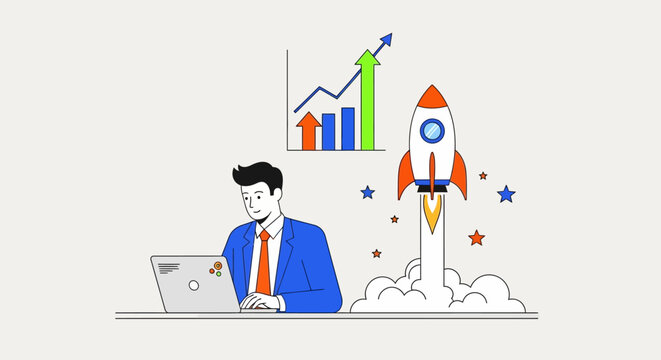 Business professional working on laptop with rocket launch graph and charts floating above