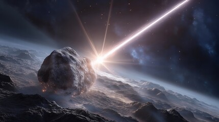 An asteroid is being destroyed with a laser beam, vividly depicted as brilliant energy collides with rock, signifying humanity&rsquo;s ability to combat extraterrestrial threats in an epic space saga.