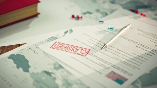 A planner's desk displays a world map extensively marked with colorful pins and classified documents, highlighting geographical locations and precise coordinates, and aiding navigation, route planning