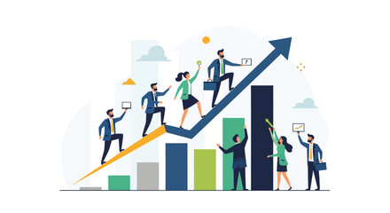 Fototapeta premium Business professionals climbing a graph with rising arrow, showcasing growth and success in a corporate environment from a high viewpoint