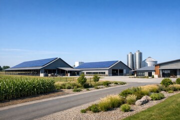 Modern sustainable farm with large barns equipped with solar panels and silos under a clear blue sky surrounded by crops.