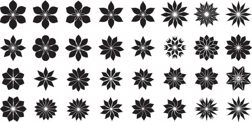 A collection of diverse floral motifs, abstract starbursts, and decorative geometric patterns, showcasing intricate designs and symmetrical arrangements