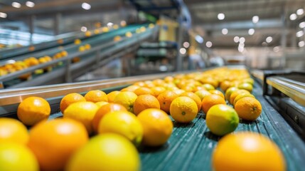 Oranges and lemons on a conveyor belt in a modern citrus sorting facility, automated machinery in the background, bright lighting, clear focus