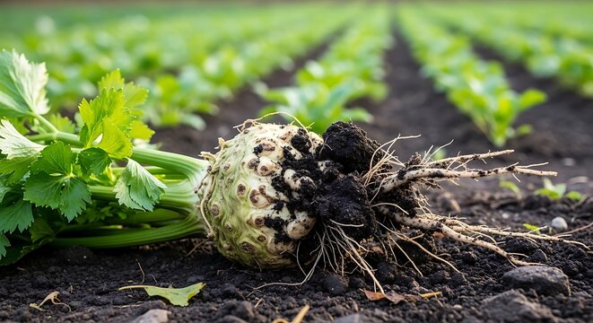 Freshly harvested root vegetable rests on dark soil in an agricultural field