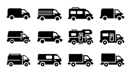 Fototapeta premium Modern Black Filled Van Vector Icon Set – 12 Minimal Flat Transportation Icons