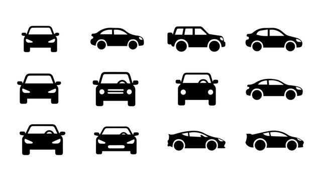 Modern Black Filled Car Vector Icon Set &ndash; 12 Minimal Automotive Symbols