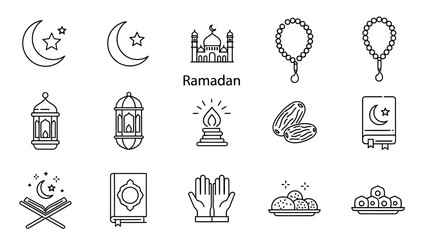 Elegant line art icons capturing the essence of Islamic spiritual traditions, cultural celebrations, and symbolic elements for a sacred period of fasting and prayer