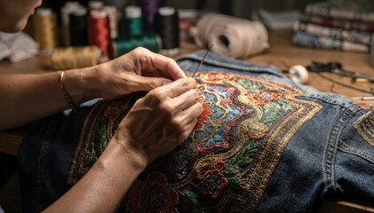 Obraz premium Artisan sewing vibrant embroidered artwork onto the back of a jacket showcasing intricate threadwork and design complexity with dynamic hand movements.