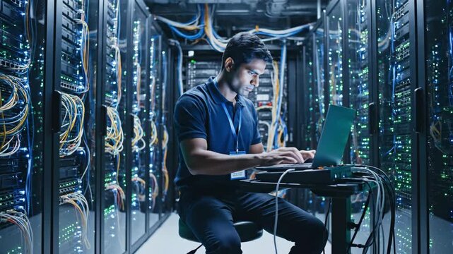 Inside a bustling data center, a dedicated professional types away at a laptop, managing critical systems. Bright lights and server rows surround him, creating an atmosphere of high-tech energy.