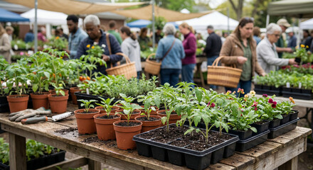 People shopping for plants at a spring market filled with flowers  