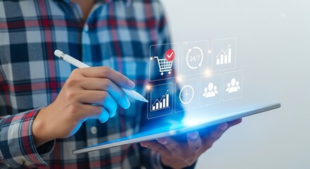 Entrepreneur using a digital tablet and stylus to manage an online store, with glowing holographic icons for e-commerce, sales charts, and customer service.