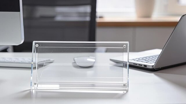 Blank Acrylic Name Plate on Office Desk with Laptop and Monitor.