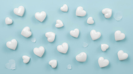 Scattered white hearts on light blue background illustration