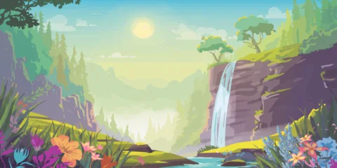 Fotobehang Lavendel Beautiful landscape with a vibrant rainbow over a lush green forest and misty mountains during a golden sunrise with soft clouds  © mahabubmorshed