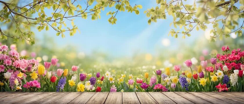 Colorful spring garden background with blooming tulips and seasonal plants, floral border composition for banner, template, presentation. Panoramic video