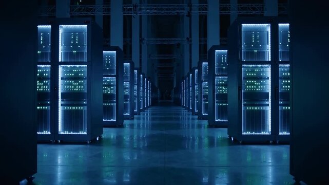 Data Center Server Room Corridor with Rhythmic Blinking Blue Lights