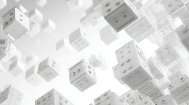 white modular construction blocks floating in sterile futuristic space, soft shadows, monochrome palette, innovation and learning concept, large