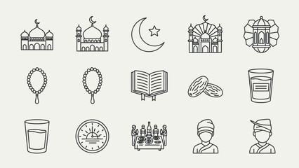 Fototapeta premium Diverse Collection of Islamic Line Art Icons Representing Ramadan, Eid, and Spiritual Traditions for Cultural Designs