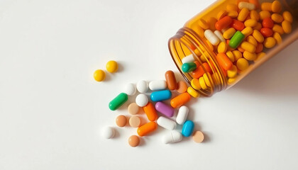A bottle of pills on a light background. Multicolored pills are pouring out of the bottle