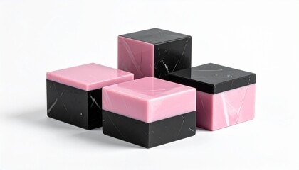 Obraz premium Three rectangular prism blocks arranged horizontally and interlocked, two pink marble-textured and one black with white veining, placed on a clean surface with a minimal background.