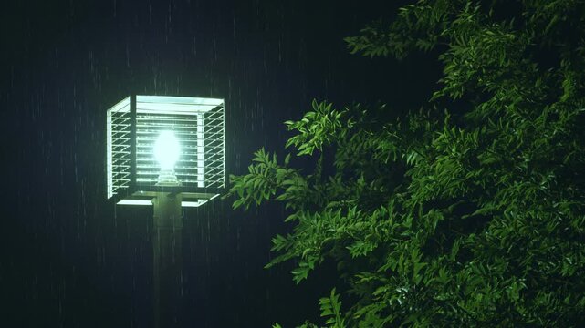 夜の豪雨と強風で葉が揺れる梅雨の風景　街灯に照らされる雨と緑