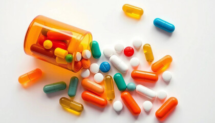 Assorted tablets on white. Multi-colored tablets spill out of a bottle of pills