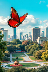Red butterfly. Butterfly flies over the city.