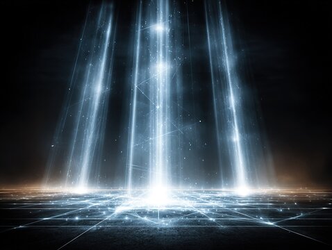 Radiant vertical light columns descending onto digital grid surface symbolizing data convergence energy transmission and futuristic system activation