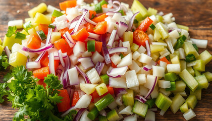 Assorted chopped vegetables. Close-up of vegetables sliced ??on a board
