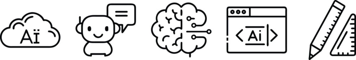 Obraz premium AI and technology icons: cloud, robot, brain, code editor, and ruler/triangle for digital and creative applications transparent background