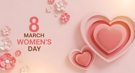 Happy women's day 8th march celebration with pink hearts and flowers