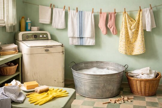 Vintage laundry room with wash tub and clothesline
Retro-style laundry room featuring a metal wash tub, old washing machine, hanging clothes, and classic cleaning supplies for nostalgic themes.
