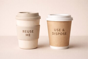 Reusable vs disposable coffee cups sustainability concept
Side-by-side comparison of a reusable cup and a disposable cup, highlighting eco-conscious choices in a minimalist setting.
