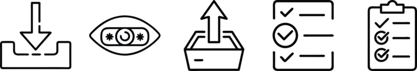 Obraz premium Comprehensive Data Management and Task Tracking Icons Including Download, Privacy, Upload, Checklist, and To-Do List in Minimal Line Style transparent background