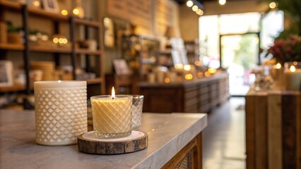 Fototapeta premium Cozy Candle Shop Interior with Warm Lighting Artisan candle store featuring lit candles on display, wooden decor, and inviting warm-toned lighting for a cozy shopping experience. 