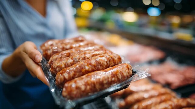 109Close-up of packaged sausage links on sale, angled rows inside a supermarket cooler, woman&rsquo;s hand holding ground sausage in focus, clean retail food storage and consumer choice sce