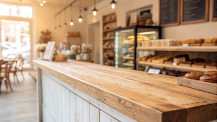 Modern bakery interior with wooden counter
Bright and cozy bakery shop interior featuring a wooden counter, pastry display, and warm ambient lighting in a welcoming space.
