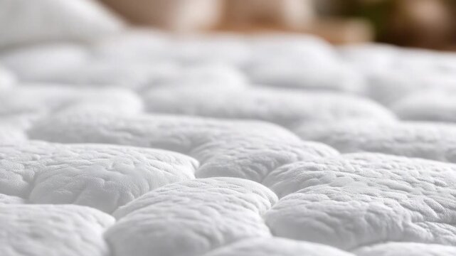 115Macro detail of mattress fabric texture, white quilted surface with subtle pattern, soft shadows, clean light room background, restful sleep and material quality concept