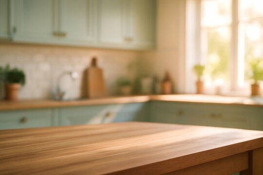 Bright home kitchen with wooden countertop
Sunlit kitchen interior featuring a wooden countertop, pastel cabinets, houseplants, and a cozy, natural home atmosphere.
