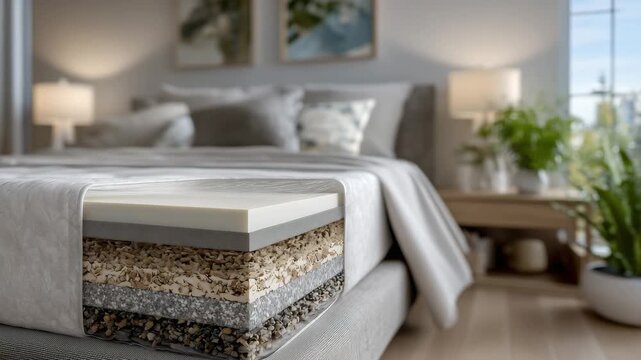 123Close-up of mattress layers illustrated through a partial cutaway view, memory foam core, supportive base layers, clean modern bedroom background, sleep technology visualization
