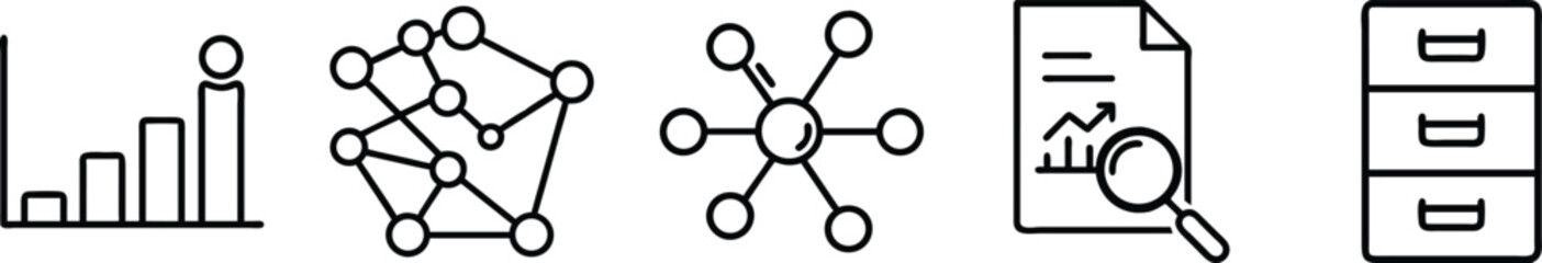 Outline icons for data analysis, network connections, and business reports with charts and filing cabinets transparent background