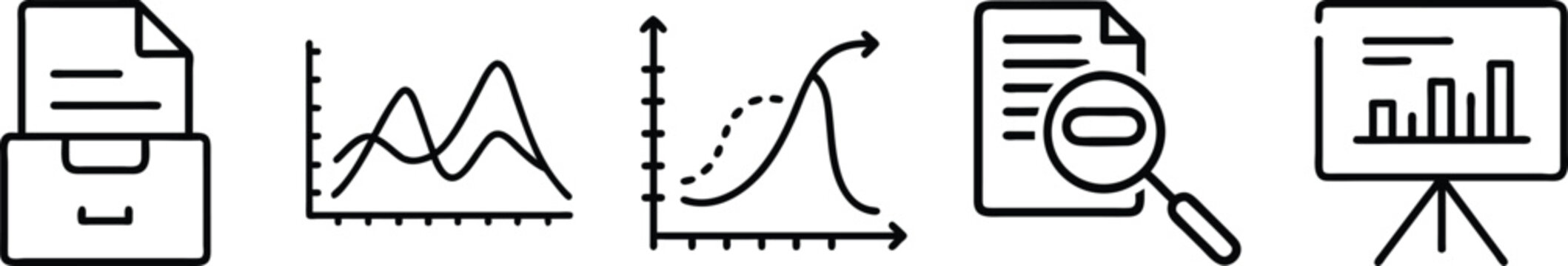 Collection of clean line icons for data visualization, research, and document management in business transparent background
