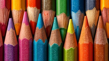 Colorful pencils arranged neatly create a vibrant and artistic backdrop, perfect for use in creative graphics, educational materials, or children's projects.