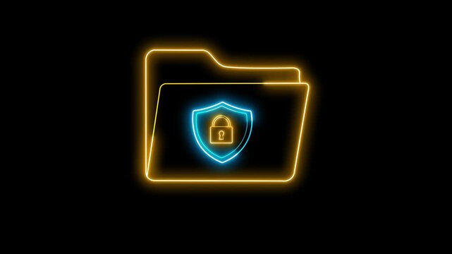 Protected Folder With Lock Security Neon Glowing Icon Animation on Black background. Files protection, Encrypted data, Secure storage, and confidential documents.