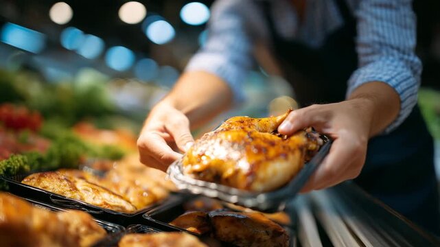 139Angled close-up of a person selecting broiler chicken from a refrigerated display, hands lifting a sealed package, neatly arranged poultry products on shelf, modern supermarket lig