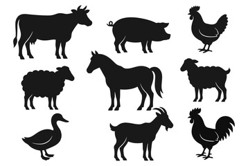Silhouette farm animals vector illustration including cow pig chicken sheep horse duck goat rooster